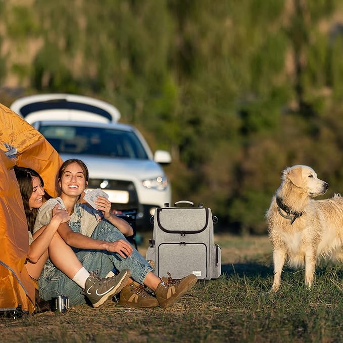 Modoker Dog Travel Bag Backpack, Airline Approved Pet Accessories Organizer for Dog and Cat with Shoulder Strap, 2 Dog Food Storage Containers, 2 Collapsible Dog Bowls,1 Pet Mat, Grey-Mewly Pet