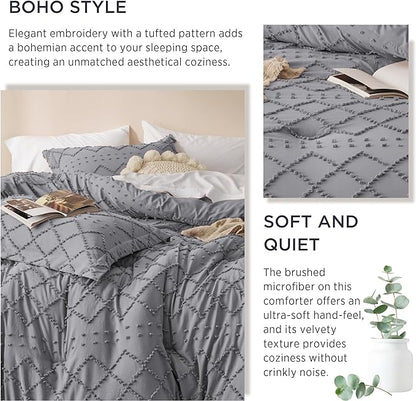 Bedsure King Comforter Set - Grey Comforter, Boho Tufted Shabby Chic Bedding for Kids, 3 Pieces Vintage Farmhouse Bed Set for All Seasons, Fluffy Soft Bedding with 2 Pillow Shams