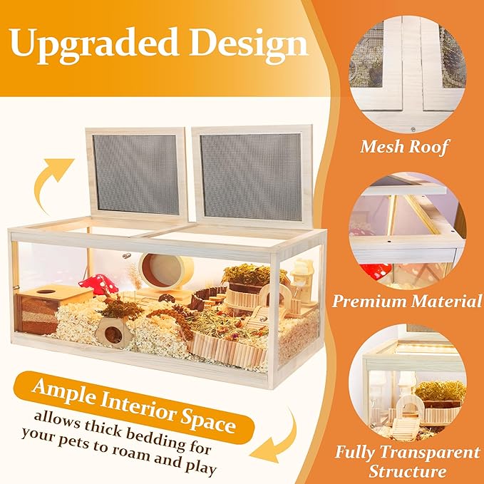 Prolee Hamster Cage with Lock Design,Large Hamster Enclosure with Openable Metal Mesh Top,Wooden Chewproof Gerbil Cage for Hedgehog Mouse Gerbil (48"x20"x20")-Mewly Pet