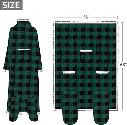 Catalonia Sherpa Wearable Blanket with Sleeves & Foot Pockets for Adult Women Men, Comfy Snuggly Wrap Sleeved Throw Blanket Robe, Gift Idea, Plaid Green, St. Patrick Gift