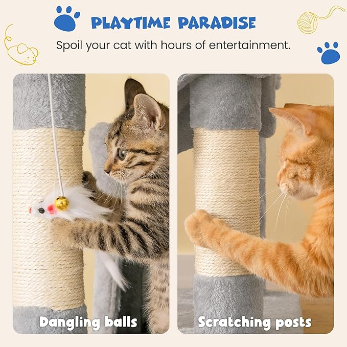 MWPO 63.8 inches Multi-Level Cat Tree for Large Cats with Sisal-Covered Scratching Posts, Padded Platform, Hammock and Condo,Stable Cat Tower Cat Condo Pet Play House-Light Gray-Mewly Pet