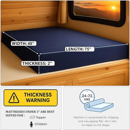 Foamma 2" x 48" x 75" Water Resistant Gel Memory Foam RV Bunk Mattress, Firm High Density Foam Base, Comfortable and Durable Polyester Cover, Truck, Camper, Travel Trailer, Made in USA!
