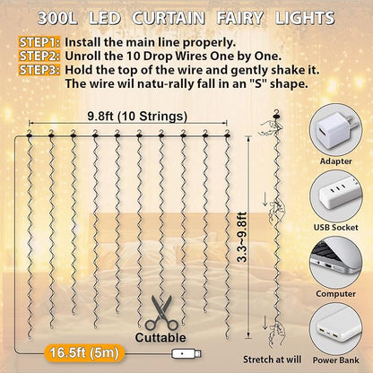 HXWEIYE 300LED Fairy Curtain Lights, 9.8x9.8Ft USB Plug-in 8 Modes Christmas String Hanging Lights with Remote for Bedroom Backdrop Wedding Party Indoor Wall Decor, Warm White, Standard