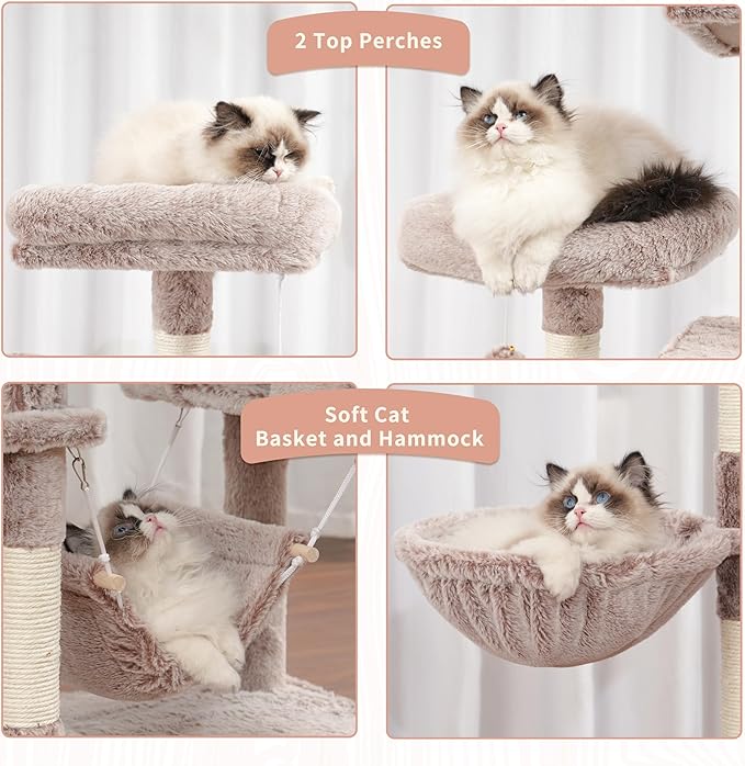 Cat Tree for Indoor Cats, 71'' (180cm) Multi-Level Cat Tower for Large Adult, Sturdy Cat Tree House with 2 Scratching Boards 7 Posts, 2 Plush Perches/Condos, Hammock, Muchroom GCT032MU-Mewly Pet