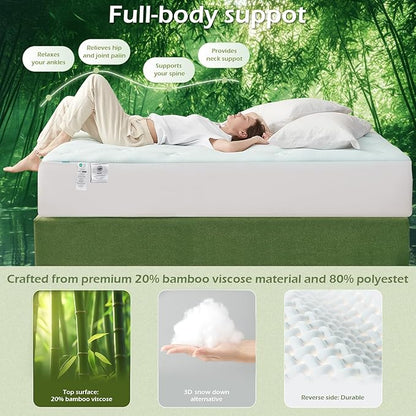 Hansleep College Dorm Twin XL Mattress Topper Viscose Derived from Bamboo, Memory Foam Pillow Top Mattress Topper Twin XL, Breathable Mattress Pad for Back Pain Relief, 39" x 80", White