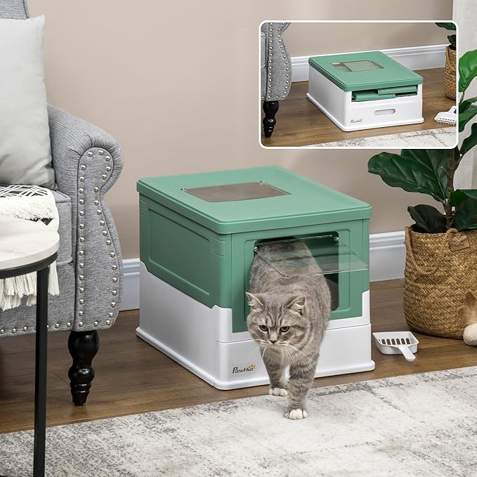 PawHut Fully Enclosed Litter Box with Scoop, Hooded Litter House with Drawer Tray, Foldable Smell Proof Cat Potty with Front Entry, Top Exit, Portable Pet Toilet with Large Space, Green-Mewly Pet