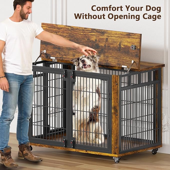 EasyCom 41" for Training Moveable XL Dog Crate, Large Dog Crate Furniture with Top-Access Teasing/Feeding Doors, Chew-Resistant Dog Kennel Indoor Furniture for Medium and Large Dogs-Mewly Pet