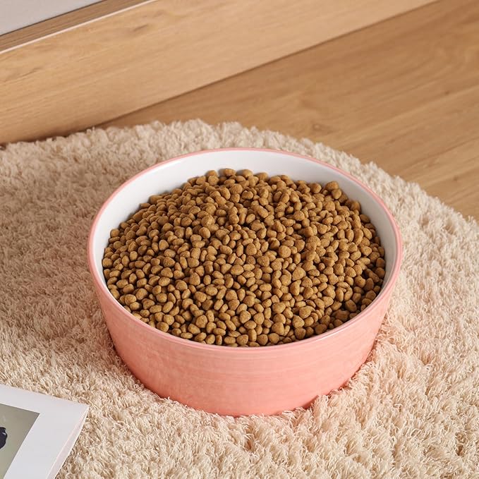 Pink Dog Bowl Ceramic for Medium Large Breed, Heavy Weighted Dog Food Water Dish, 8 in Non - Slip Modern Cute Extra Big Porcelain Pet Bowl Maze Wide Mouth-Mewly Pet
