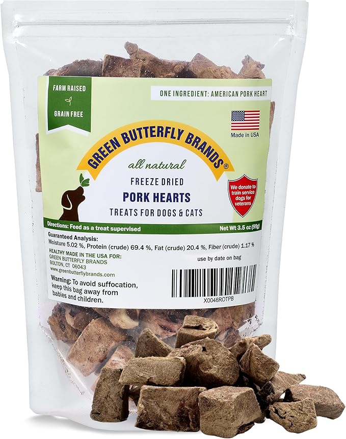 Freeze Dried Pork Heart Dog Treats Made in USA. All Natural Freeze-Dried Raw Snacks for Dogs and Cats. Single Ingredient. High Protein, Heart Health, Irresistible Training Treat-Mewly Pet