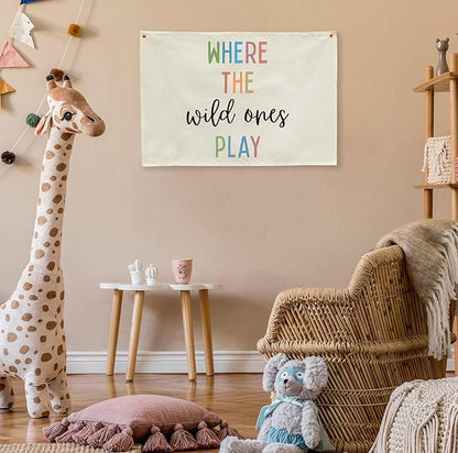 Playroom Rectangular Canvas Banner-Flag Wall Sign Decor for Kids Teen,Playroom Nursery Baby Room Bedroom Living Room Wall Decor-Where the Wild Ones Play-Baby Shower Birthday Christmas Gift