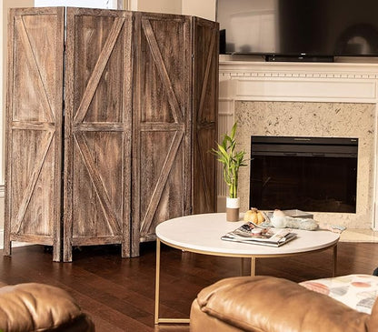 Premium Home 4-Panel Room Divider – Rustic Brown Barn Door, K Pattern Folding Privacy Screen, Partition Wall