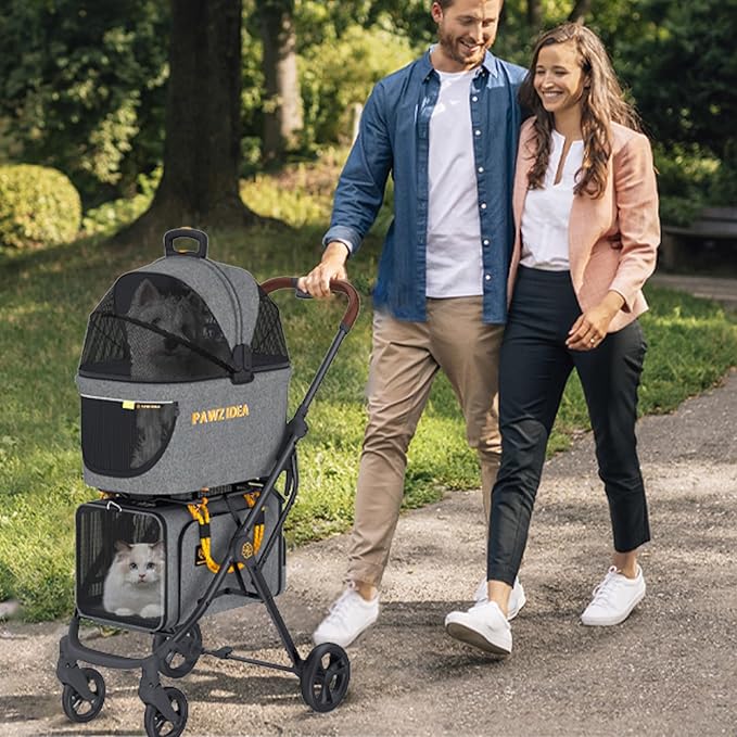 PAWZIDEA Double Pet Stroller with 2 Detachable Carriers, Portable Dog Crate for Car Travel & TSA-Approved Expandable Cat Carrier, Foldable Lightweight Jogger Stroller for 2–4 Cats or Small/Medium Dogs-Mewly Pet