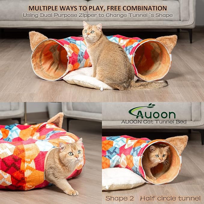 AUOON Cute Cat Donut Tunnel - Interactive Cat Tunnel Bed for Indoor Cats Kitten Kitty Puppy Rabbit Ferret (Orange)-Mewly Pet