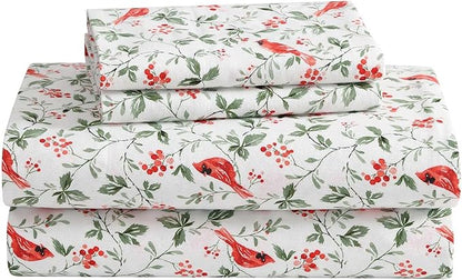 Laura Ashley - Flannel Sheets Queen Size, Anti-Pilling & Wrinkle Resistant Cotton, Touchably Soft for All-Season Comfort - Bed Sheets with Matching Pillowcases & Fitted Sheet (Jolly Cardinals Green)