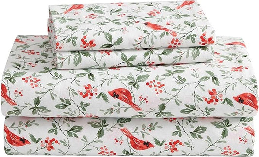 Laura Ashley - Flannel Sheets Twin Size, Anti-Pilling & Wrinkle Resistant Cotton, Touchably Soft for All-Season Comfort - Bed Sheets with Matching Pillowcase & Fitted Sheet (Jolly Cardinals Green)