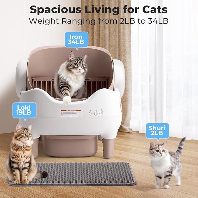 Self Cleaning Litter Box, Automatic Cat Litter Box with APP Control, Odor-Free Waste Disposal Includes Trash Bags, Large Waste Bin, Open-Top, for Multiple Cats-Mewly Pet
