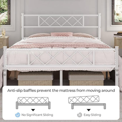 Yaheetech Queen Size Metal Platform Bed Frame with Simple Headboard and Footboard, Mattress Foundation for Under Bed Storage, Steel Slat Support, No Box Spring Needed, Easy Assembly, White