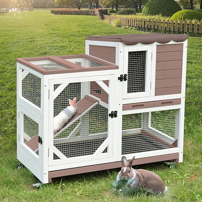 Gutinneen 2-Story Rabbit Hutch with Chew-Proof Ramp & Leak-Proof Trays - Indoor/Outdoor 39.3" Wooden Rabbit Cage with Wheels for Rabbits, Guinea Pigs-Mewly Pet