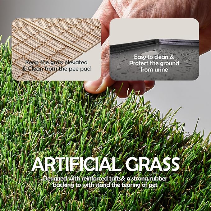 MEEXPAWS Dog Grass Pee Pads for Dogs with Tray | Medium 31×21 in | 2× Dog Artificial Grass Pads Replacement| Rapid Drainage | Indoor Litter Box | Hemmed Edge-Mewly Pet