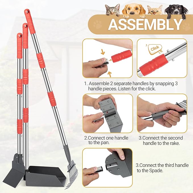 Heeyoo Dog Pooper Scooper, Dog Poop Tray and Rake Set, Pet Waste Removal Scoop with Long Adjustable Sectional Stainless Handles-Mewly Pet