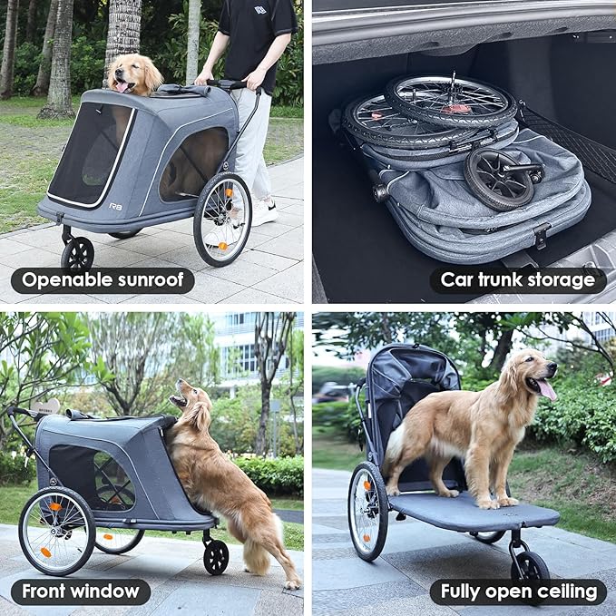 R8 Extra Large Foldable Pet Stroller, Dog Stroller & Pet Trailer for Large Dogs Under 100 lbs, Unmovable, Disabled & Pregnant Dogs - Conveniently Carriable by Bike and Car, Grey-Mewly Pet