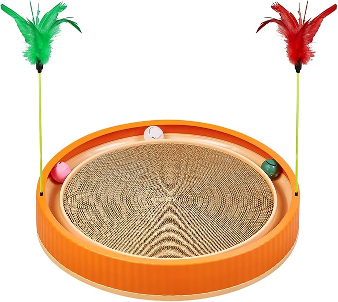 20-Inch Round Cat Scratcher with Ball Track – 3-in-1 Cardboard Cat Scratching Pad with Feather Toys, Non-Slip Base – Interactive Cat Toy for Indoor Cats, Kitten Scratch Play Lounge Board (Orange)-Mewly Pet
