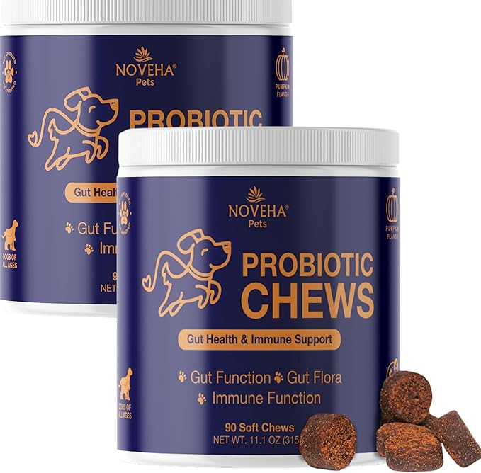 NOVEHA Probiotic Chews for Dogs | Ultimate Gut Health & Digestive Support | for Healthy Skin & Coat | Relieves Itching & Paw Licking | Probiotics for Pet Dogs with Allergies (180 Chews 2-Pack)-Mewly Pet