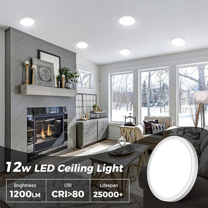 zemty LED Ceiling Light Fixture 6.5 Inch, 12W 1200lm Light Fixtures, Adjustable 3000K 4000K 6500K, Round Flat Ceiling Lamp for Bathroom Closet Hallway Laundry