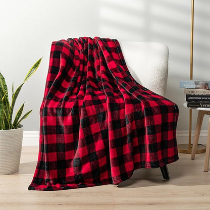 PAVILIA Black and Red Buffalo Plaid Fleece Throw Blanket for Couch, Soft Checkered Flannel Blanket for Sofa, Plaid Christmas Couch Throw Bed, Warm Cozy Decorative Blanket Fall Decor Gift, 60x80