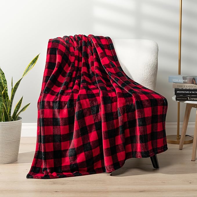 PAVILIA Black and Red Buffalo Plaid Fleece Bed Blanket King Size, Soft Checkered Flannel Blanket for Sofa, Plaid Christmas Couch Throw Bed, Warm Cozy Decorative Blanket Fall Decor Gift, 90x90