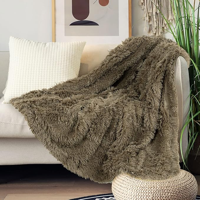 Tuddrom Decorative Extra Soft Faux Fur Throw Blanket 70"x78",Solid Reversible Fuzzy Lightweight Long Hair Shaggy Blanket,Fluffy Cozy Plush Fleece Comfy Microfiber Blanket for Couch Sofa Bed,Brown