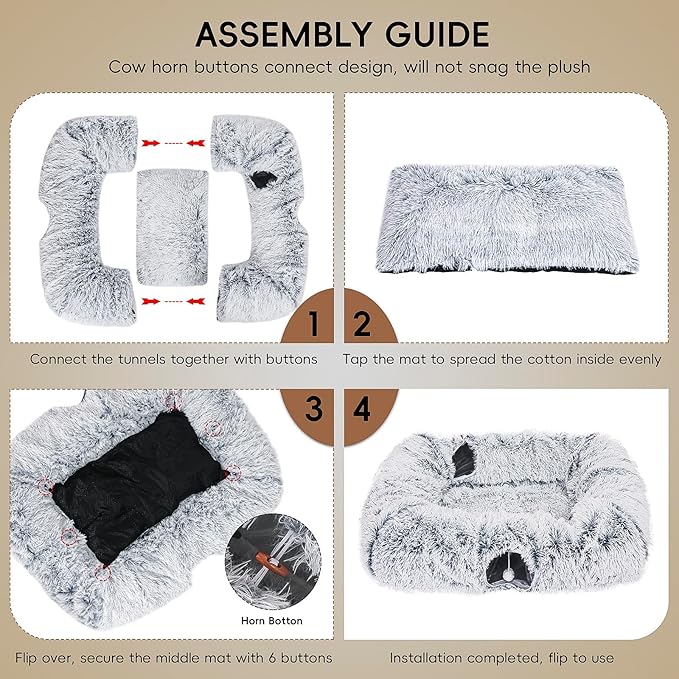 Extra Large Cat Tunnel Bed, 4 Ways Tunnels for Indoor Cats, Multi-cat Family Peekaboo Cave & Cat Bed, Plush Cat Donut with Washable Middle Mat, Exit Balls, Pet Play Toy for Kitten Puppy Rabbit-Mewly Pet