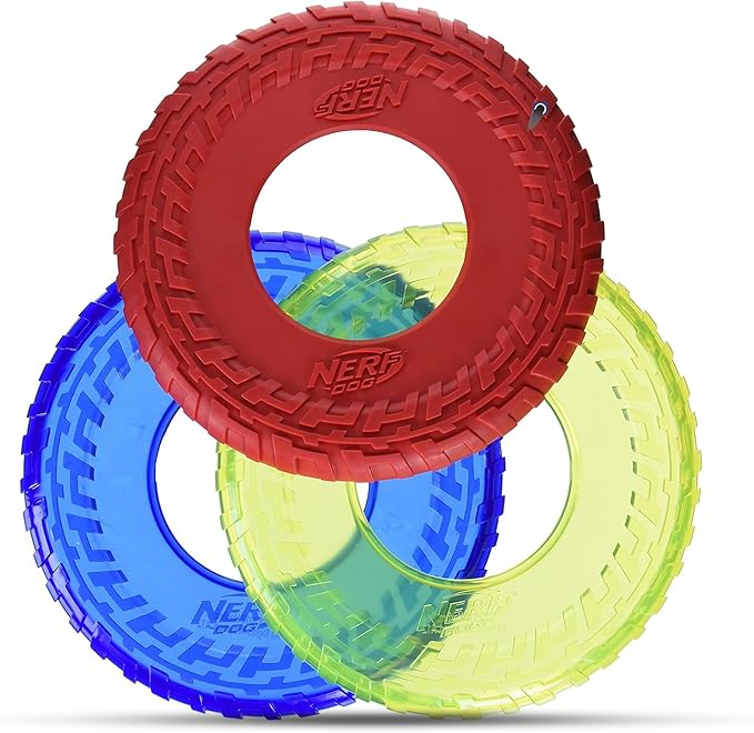 Nerf Dog Tire Flyer Dog Toy Gift Set, 10 Inch Flying Disc Dog Fetch Toys, Rubber Dog Toy for Medium Dogs and Large Dogs, Red, Translucent Green and Translucent Blue, 3 Count-Mewly Pet