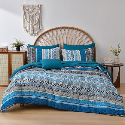 Cottolester Boho Comforter Set Queen Size,8 Pieces Teal Blue Bohemian Striped Bed in a Bag,Paisley Soft Microfiber Bedding Comforter Set