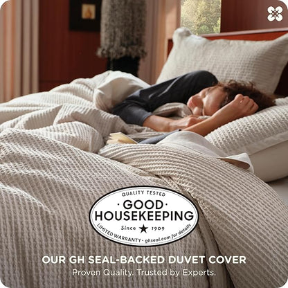 Bedsure Cotton Duvet Cover Set - 100% Cotton Waffle Weave Linen Color Duvet Cover California King Size, GentleSoft™ and Breathable Cal King Bedding Set for All Season, 3 Pieces, 104"x98"