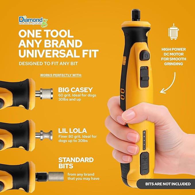 Diamondg Cordless Dog Nail Grinder with Quiet Sound & LED Tip for Large & Small Dogs, 4hrs. Runtime, 2 Bits Included, Orange-Mewly Pet