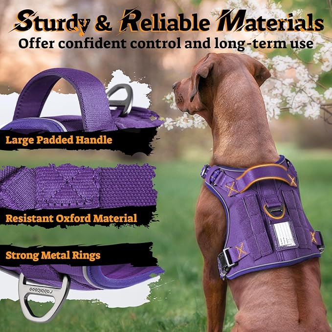 rabbitgoo Dog Harness for Large Dogs No Pull, Tactical Service Pet Vest with Molle and Control Handle, Adjustable and Reflective Military Harness for Easy Walking and Training, Purple, L-Mewly Pet