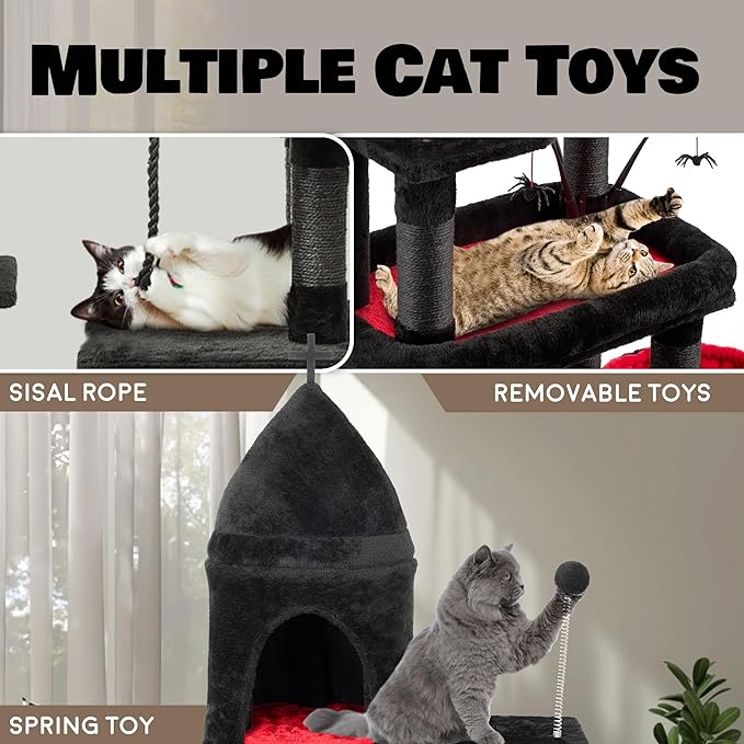 Large Cat Tree Tower for Large Cats, Cat Scratching Post, Self Grooming Post, Interactive Cat Toys, Oversized Perch and Basket, Heavy Duty 72", Black and Red-Mewly Pet