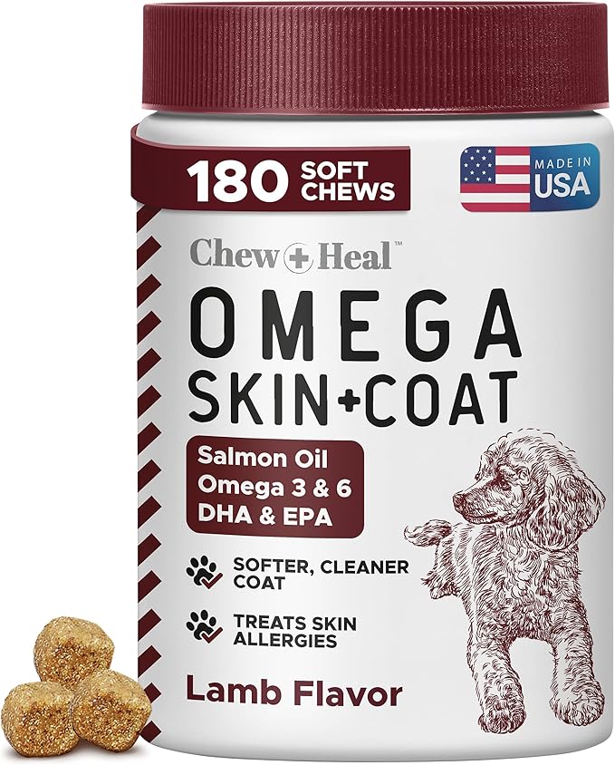 Salmon Oil for Dogs - Soft Chew Omega Treats for Skin and Coat - Fish Oil Blend of Essential Fatty Acids, Omega 3 and 6, Vitamins, Antioxidants and Minerals - Made in USA (180 Chews, Lamb)-Mewly Pet