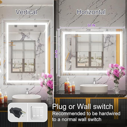 24 x 32 Inch LED Bathroom Mirror with Lights, Lighted Bathroom Vanity Mirrors for Wall, Wall Mounted, Stepless Dimmable, Anti-Fog, Memory Funtion, Horizontal or Vertical