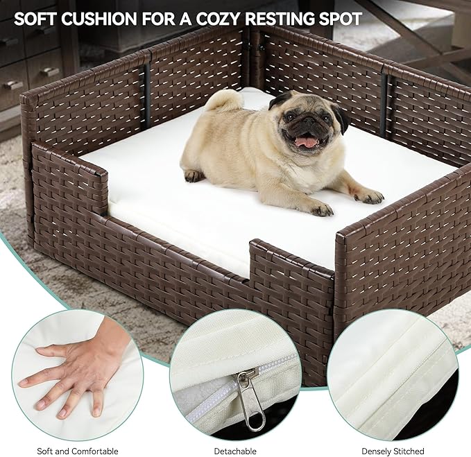YITAHOME Rattan Dog Sofa Bed with Cushion,Wicker Pet Bed Sofa Couch Indoor Outdoor Water Unaffected for Large Medium Small Dogs Cats (24.8''L*19.7''W*9.8'',Beige)-Mewly Pet