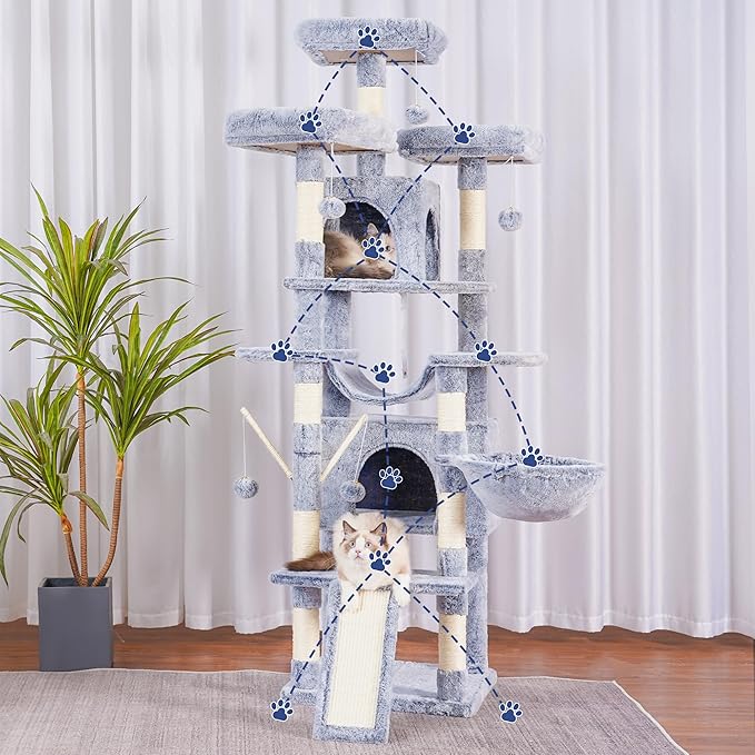 Hey-brother Cat Tree, 71 inches XL Large Cat Tower for Indoor Cats, Multi-Level Cat House with 3 Padded Perches, Big Scratcher, Cozy Basket, 2 Cat Condos and Scratching Posts,Pewter MPJ034PE-Mewly Pet
