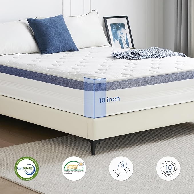 Full Size Mattress 10 Inch, Hybrid Full Mattress in a Box with Cooling Gel Memory Foam and Individually Pocket Innerspring for Support and Pressure Relief, Medium Firm