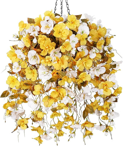 Artificial Fake Fall Hanging Flowers Plants Baskets for Outdoor Decoration, 5Pcs Faux Silk Hibiscus Long Vines in Planter UV Resistant Realistic Flower for Outside Home Porch Patio Garden