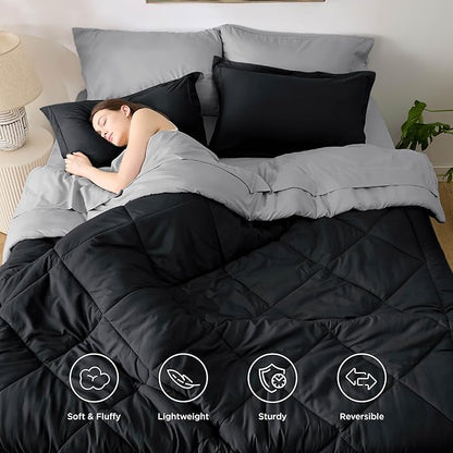 Bedsure California King Comforter Set - 7 Pieces Reversible Black Bedding, California King Size Bed Set for All Seasons, Bed in a Bag with Down Alternative Comforter, Sheets, Pillowcases & Shams