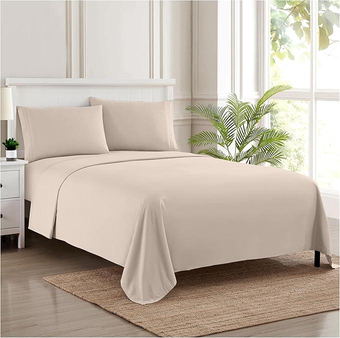 Split King Sheets - Breathable Luxury Sheets with Full Elastic & Secure Corner Straps Built In - 1800 Supreme Collection Extra Soft Deep Pocket Bedding Set, Sheet Set, Split King Size, Beige
