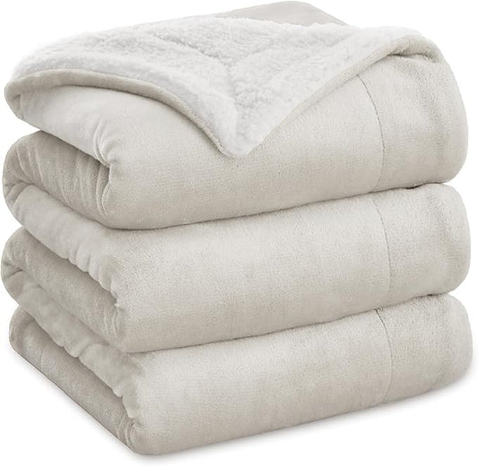Bedsure GentleSoft Sherpa Fleece Blankets Queen Size for Bed - Thick and Warm, Soft Fuzzy Plush Queen Blanket for Winter, Linen, 90x90 Inches