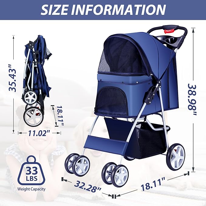 4 Wheels Pet Stroller for Small Medium Dogs Cats 10-33 lbs, Foldable Dog and Cat Stroller with Cup Holder & Storage Basket & Breathable Mesh, Pet Strolling Cart for All-Season, Navy Blue-Mewly Pet