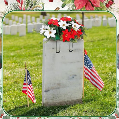 Christmas Cemetery Decorations for Grave Headstone Flower Saddle Artificial Flower Saddles Red Poinsettia Outdoor Memorial Headstone Realistic Bouquet(Vivid Color,Vivid Style)
