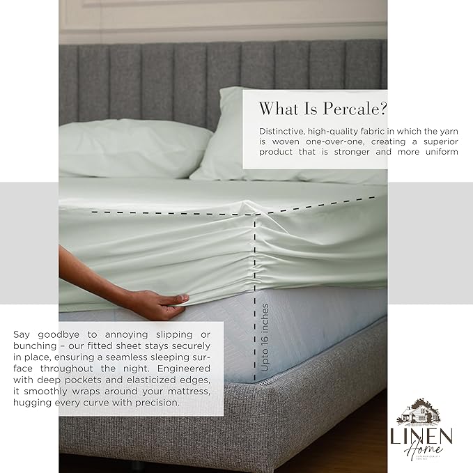 Linen Home 100% Cotton Percale Sheets Queen Size, Dove Grey, Deep Pocket, 4 Pieces Set - 1 Flat, 1 Deep Pocket Fitted Sheet and 2 Pillowcases, Crisp Cool and Strong Bed Linen